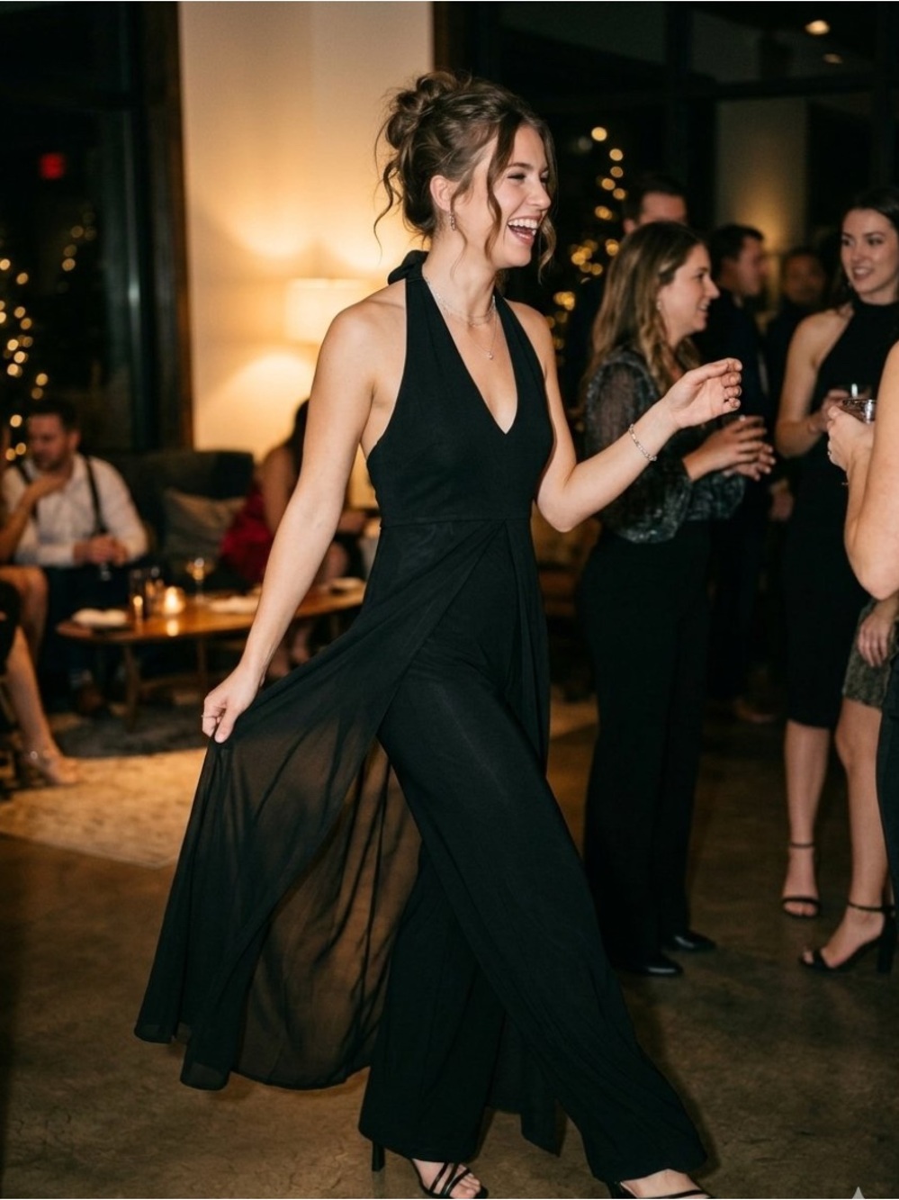 Next Up | Elegant Black Illusion Overlay Halter Goth Glam Cocktail Jumpsuit • S
